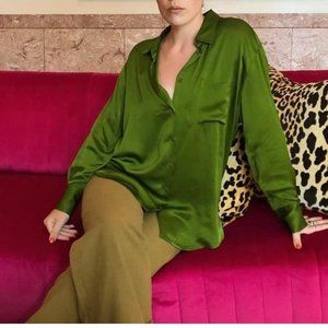 Zara oversized green silky button-down, size small